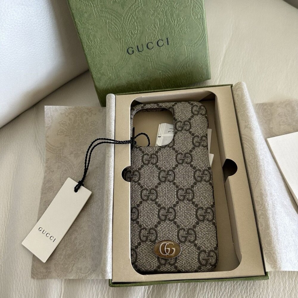 New GUCCI iPhone 14 PRO case Ophidia Supreme Brown GG Logo W/ Box - Picture 2 of 5